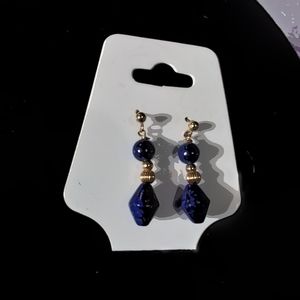 Blue and gold bead dangle earrings.
